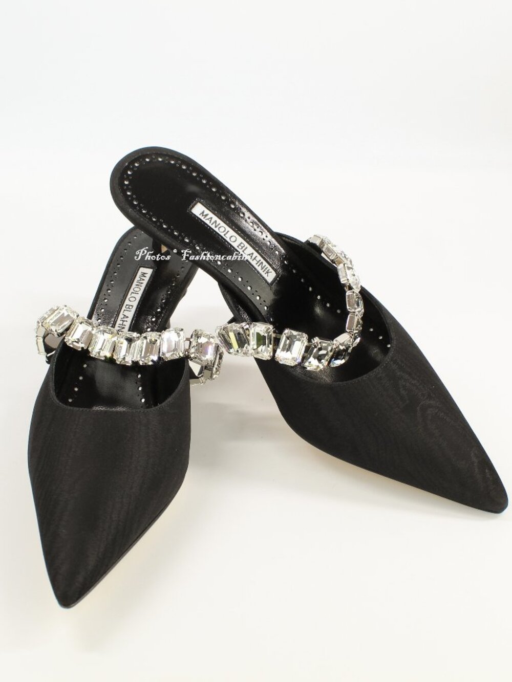 NEW MANOLO BLAHNIK Humibamu 50 Crystal Eembellished Moire Mules, Black, EU 39.5